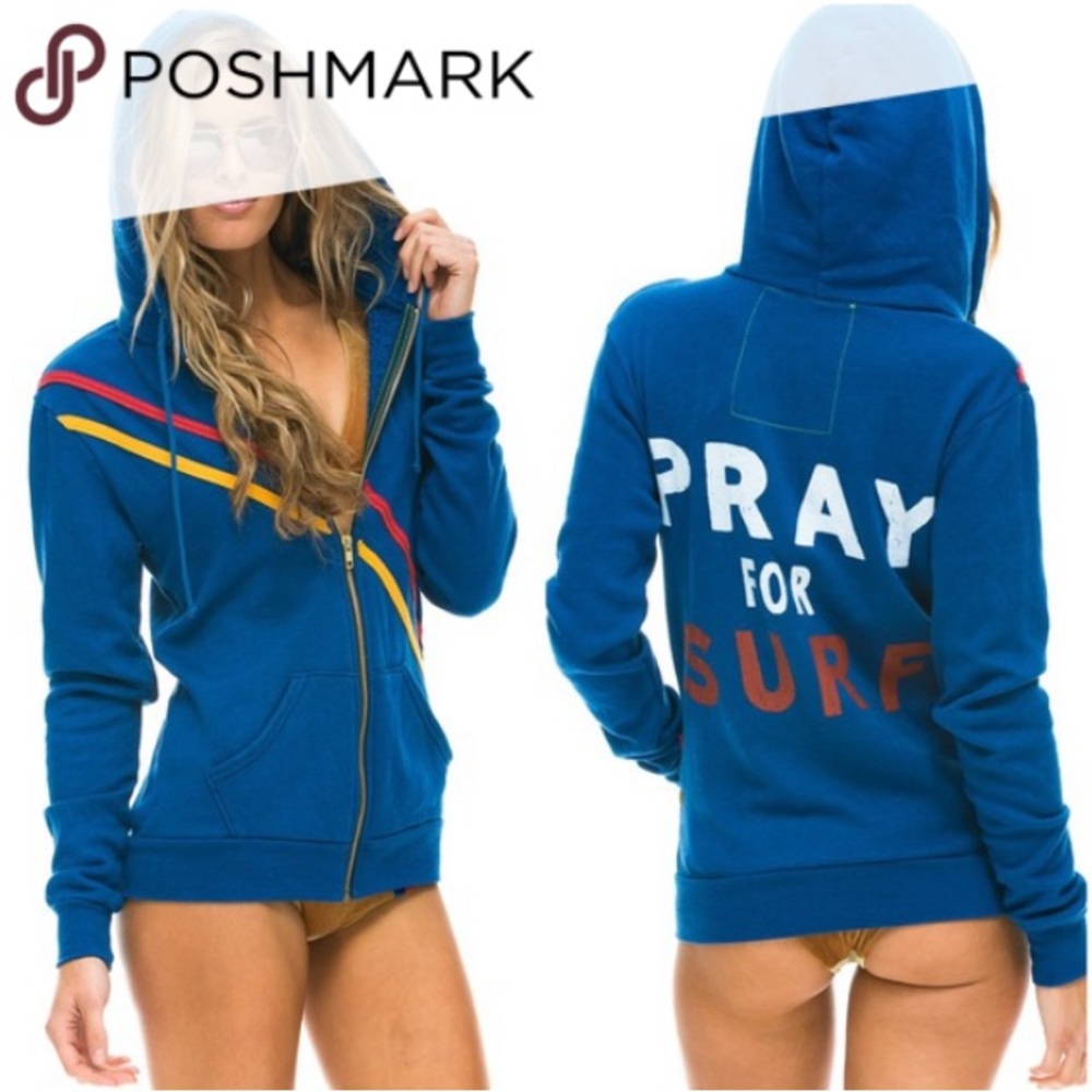Aviator Nation PRAY FOR SURF Blue Zip Hoodie Small
